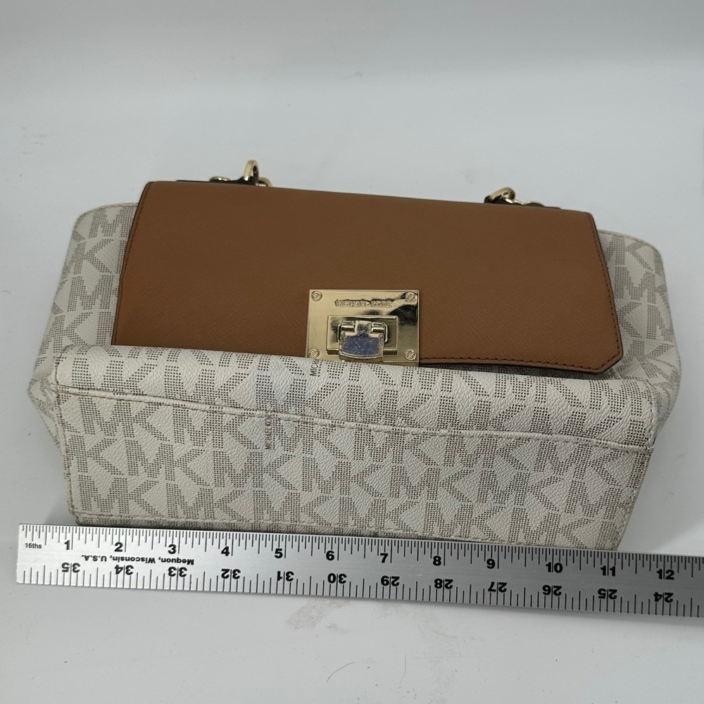 Michael Kors Monogram Vanilla Tan Leather Crossbody Bag Gold Hardware - Picture 8 of 9